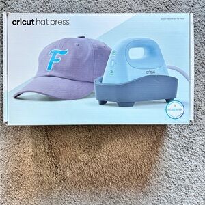 Cricut light blue hat press with lavender baseball cap and teal accent